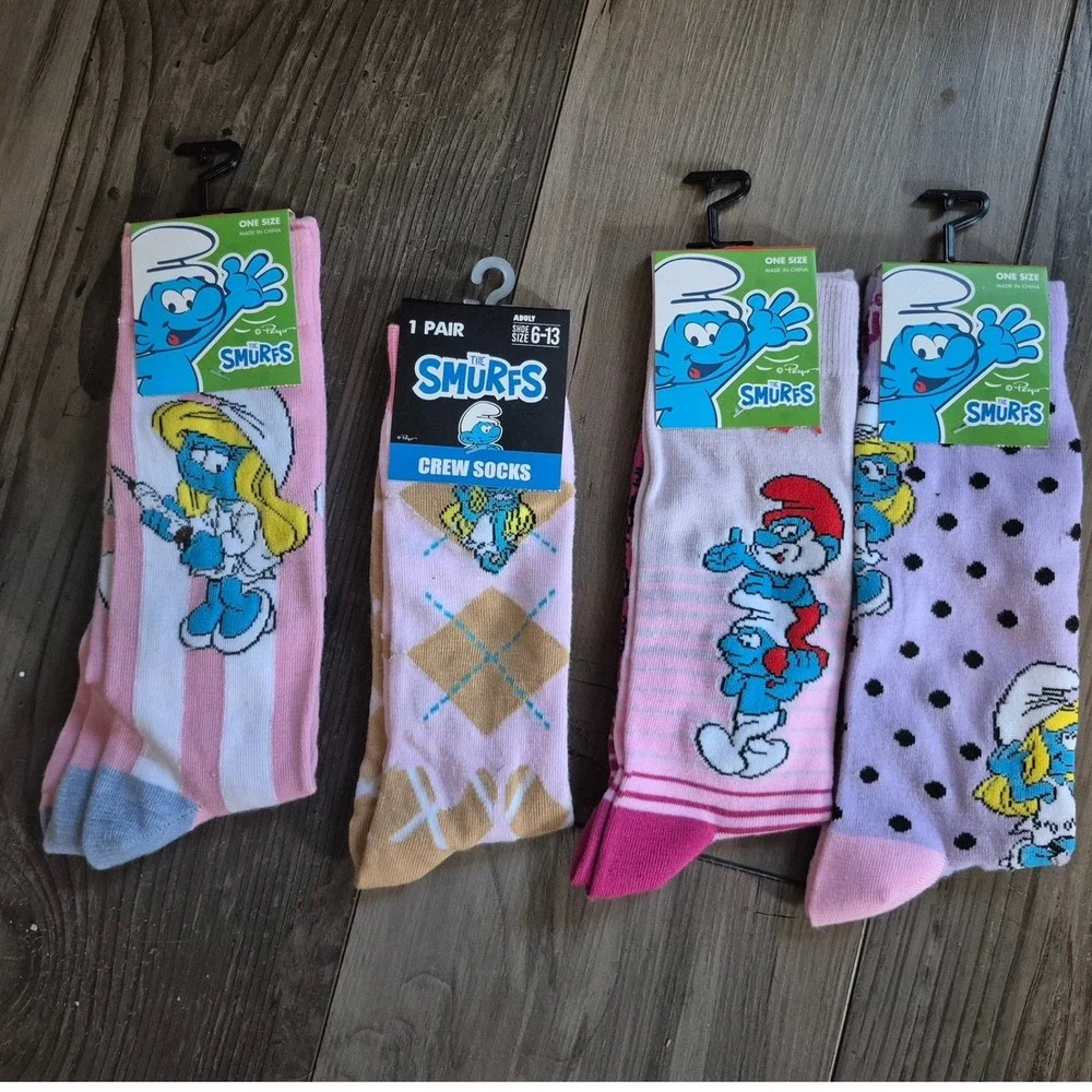 The Smurfs Crew Socks 4 Pair Bundle Smurfette Papa Smurf Pink Purple Adult 6-13